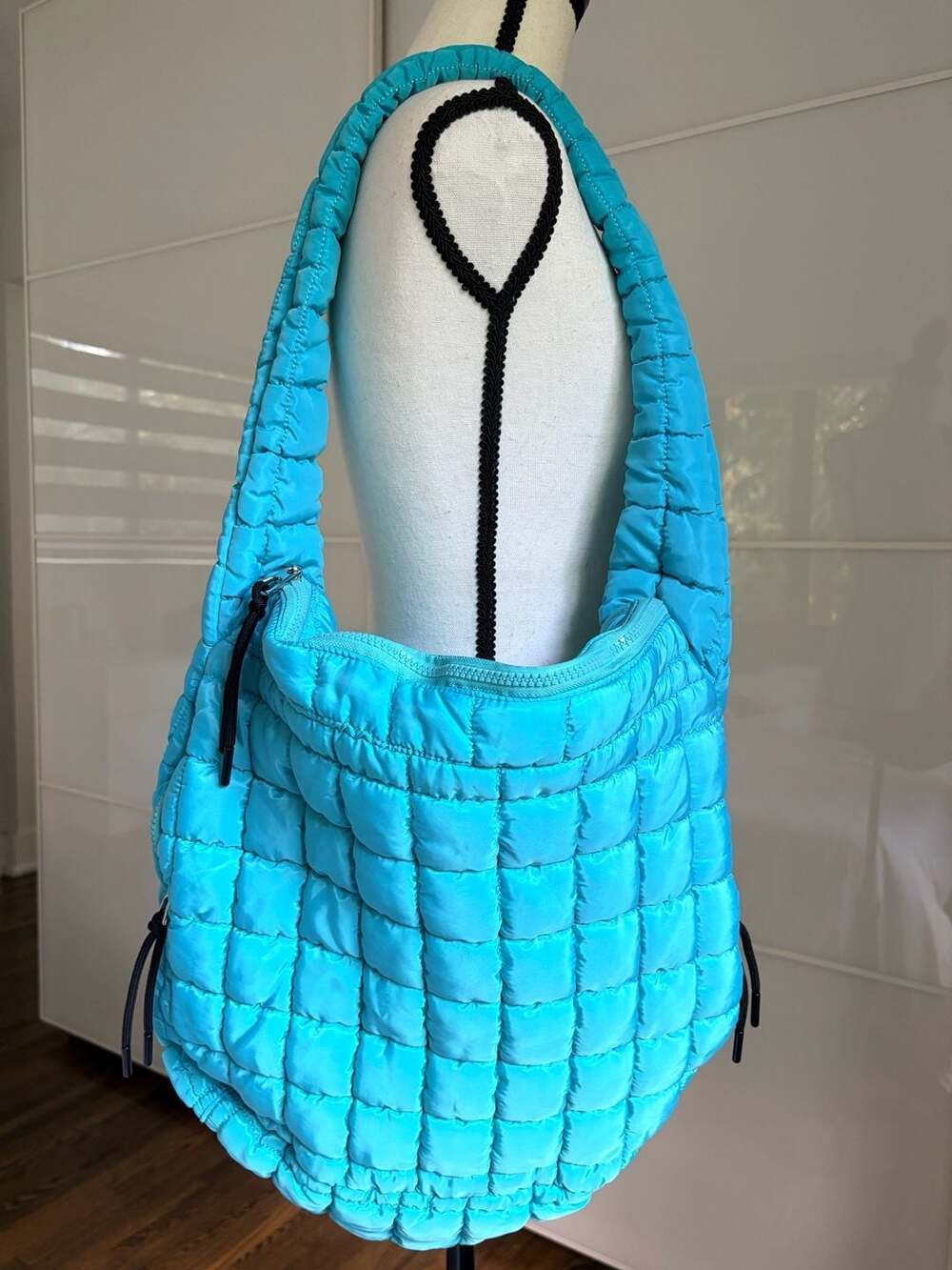 Pink Lily Blue Quilted Puffer Hobo Shoulder Bag